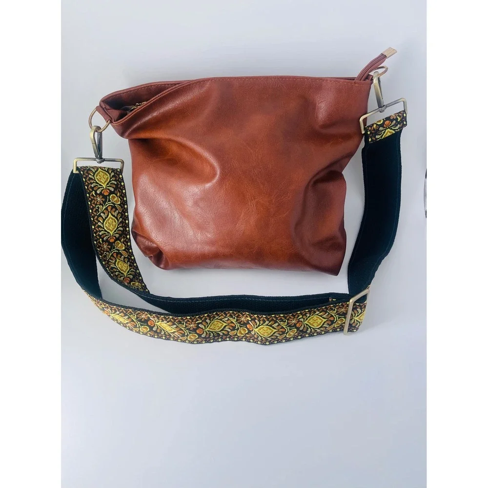 Brown Slouchy Hobo Bag Boho Guitar Strap Crossbody Shoulder Purse Artisan
